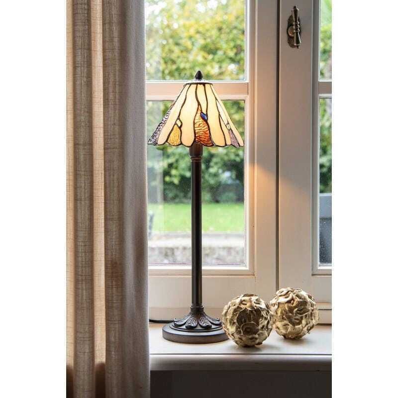 Elegante art deco Tiffany-stijl tafellamp, beige en bruin glas, 20 x 60 cm, klassieke verlichting voor thuis