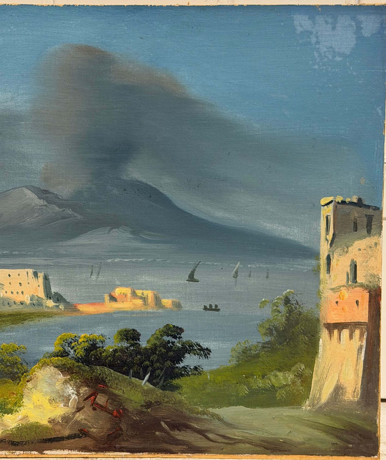 Daytime View Of Mount Vesuvius Smoking Bay Of Naples Antique Oil Landscape photo 811.0
