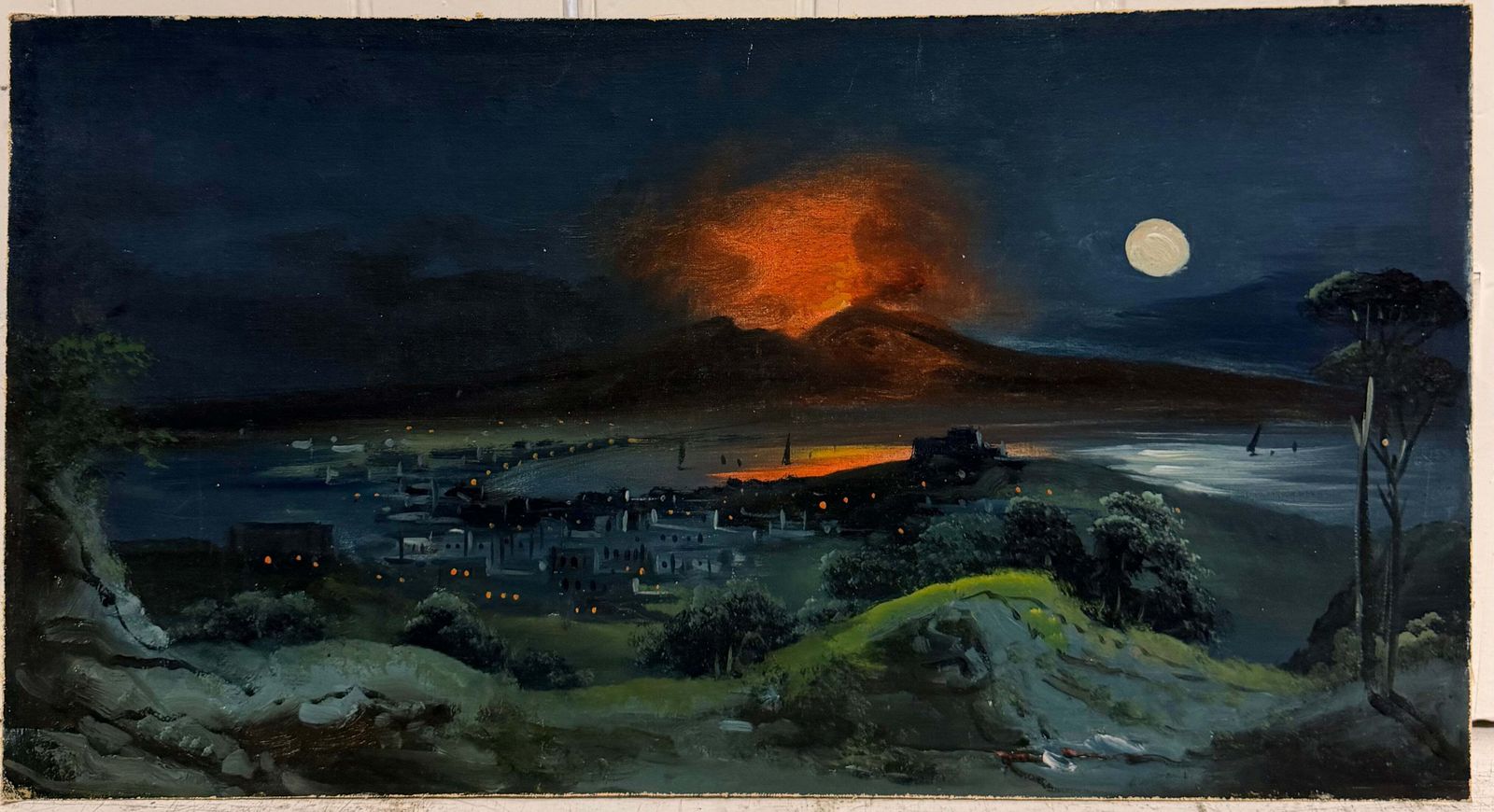 Moonlit Eruption Of Mount Vesuvius Over The Bay Of Naples Antique Oil Landscape photo furniture