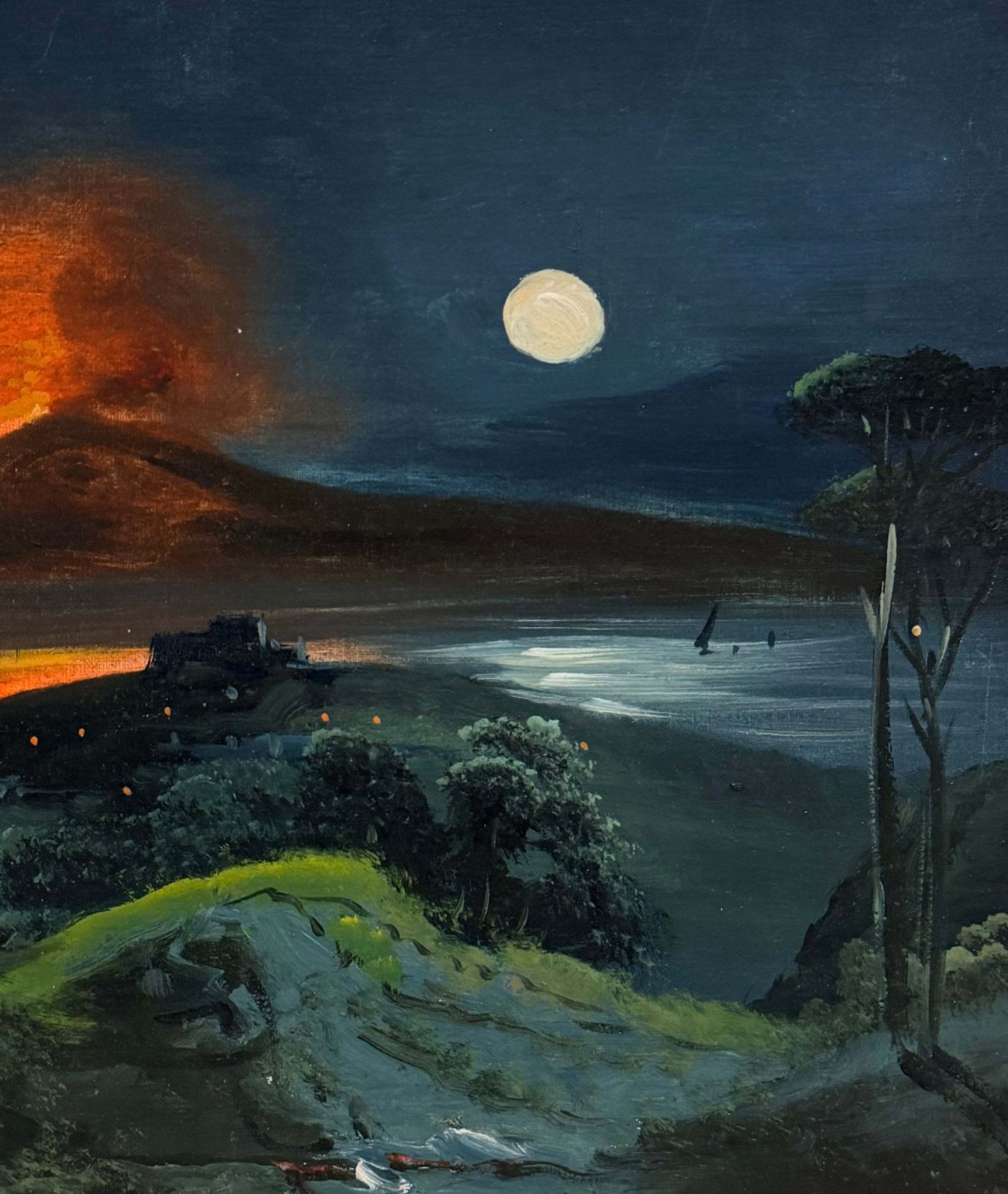 Moonlit Eruption Of Mount Vesuvius Over The Bay Of Naples Antique Oil Landscape photo for sale