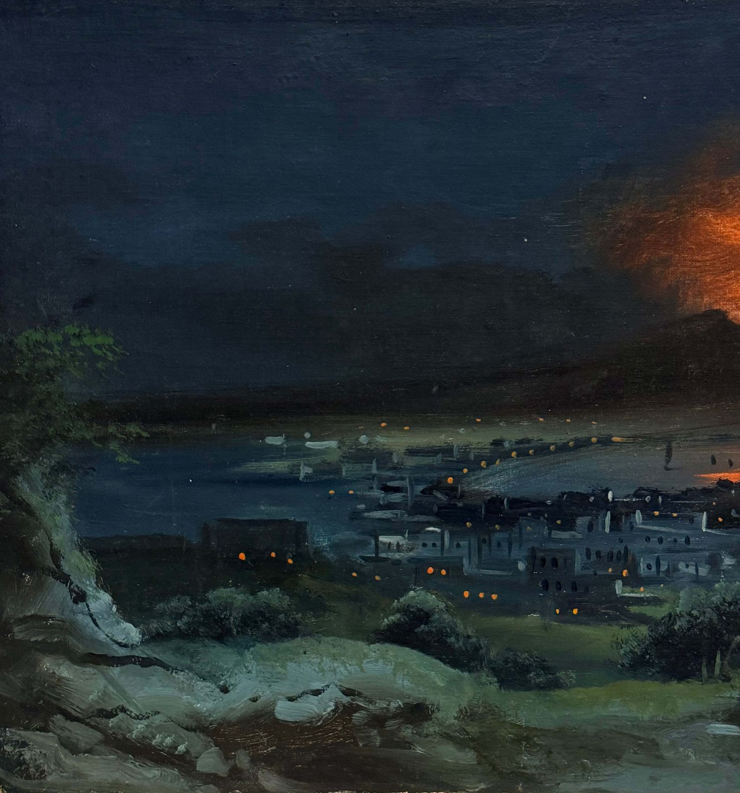 Moonlit Eruption Of Mount Vesuvius Over The Bay Of Naples Antique Oil Landscape photo 811.0