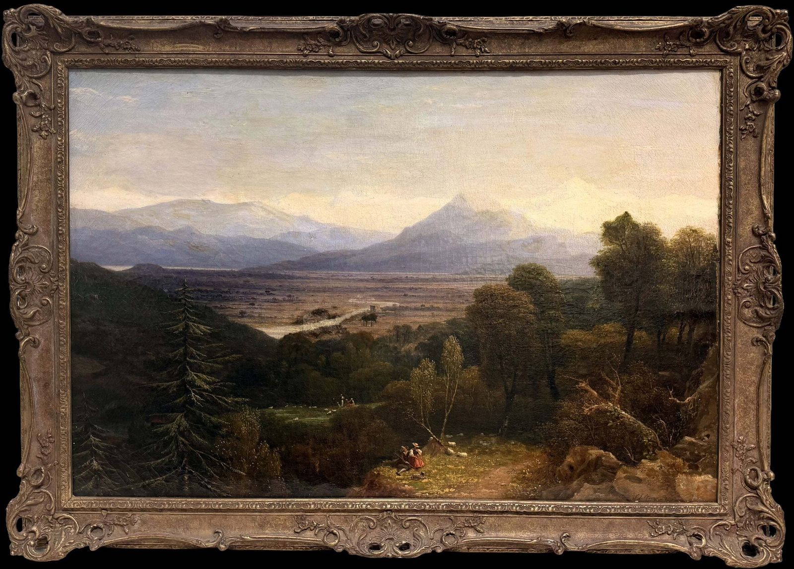 Fine Victorian Painting Figures Resting In Expansive Highland Mountain Landscape