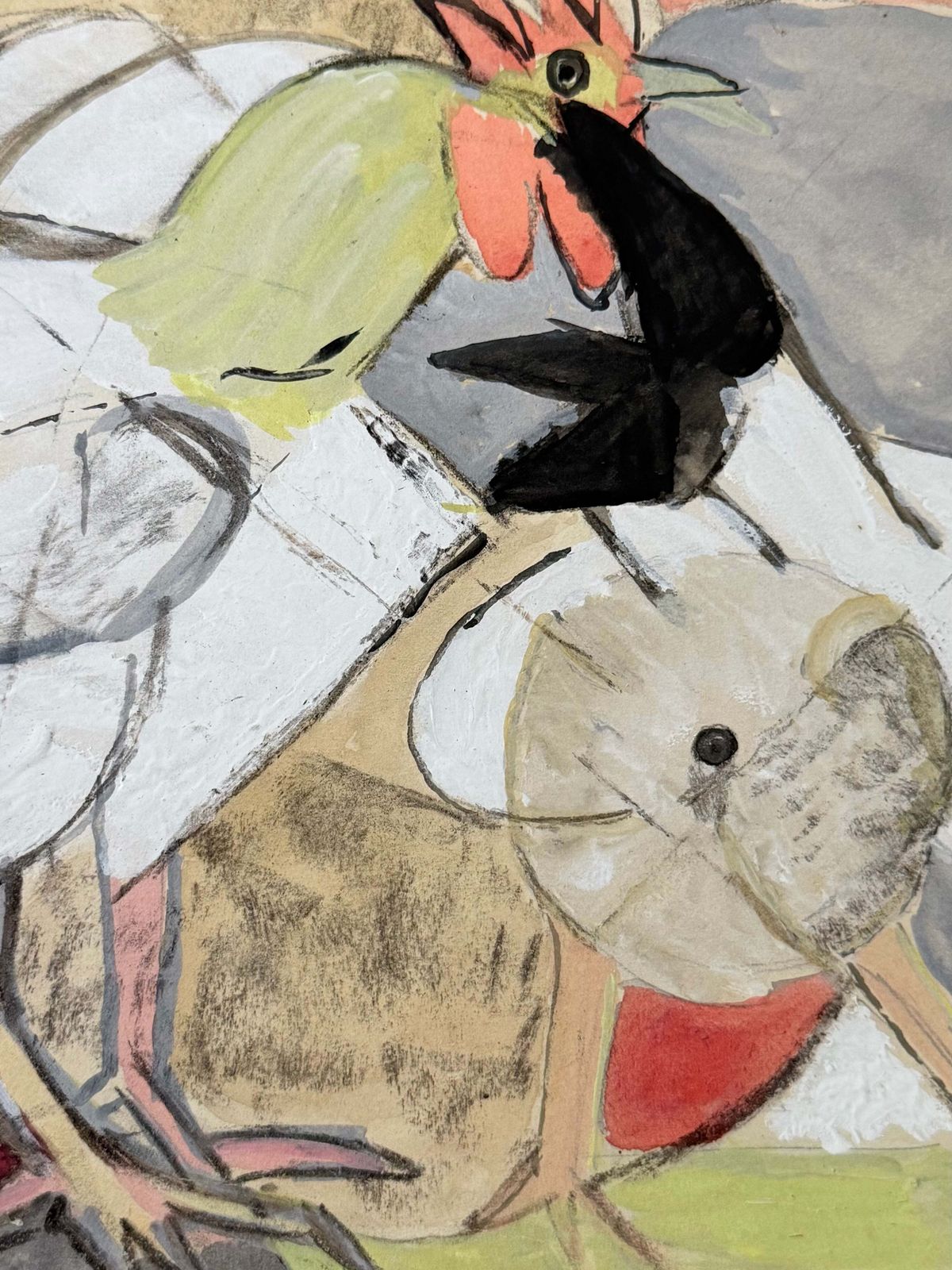 Poulets de basse-cour, étude animalière cubiste moderniste française, gouache photo 316.0