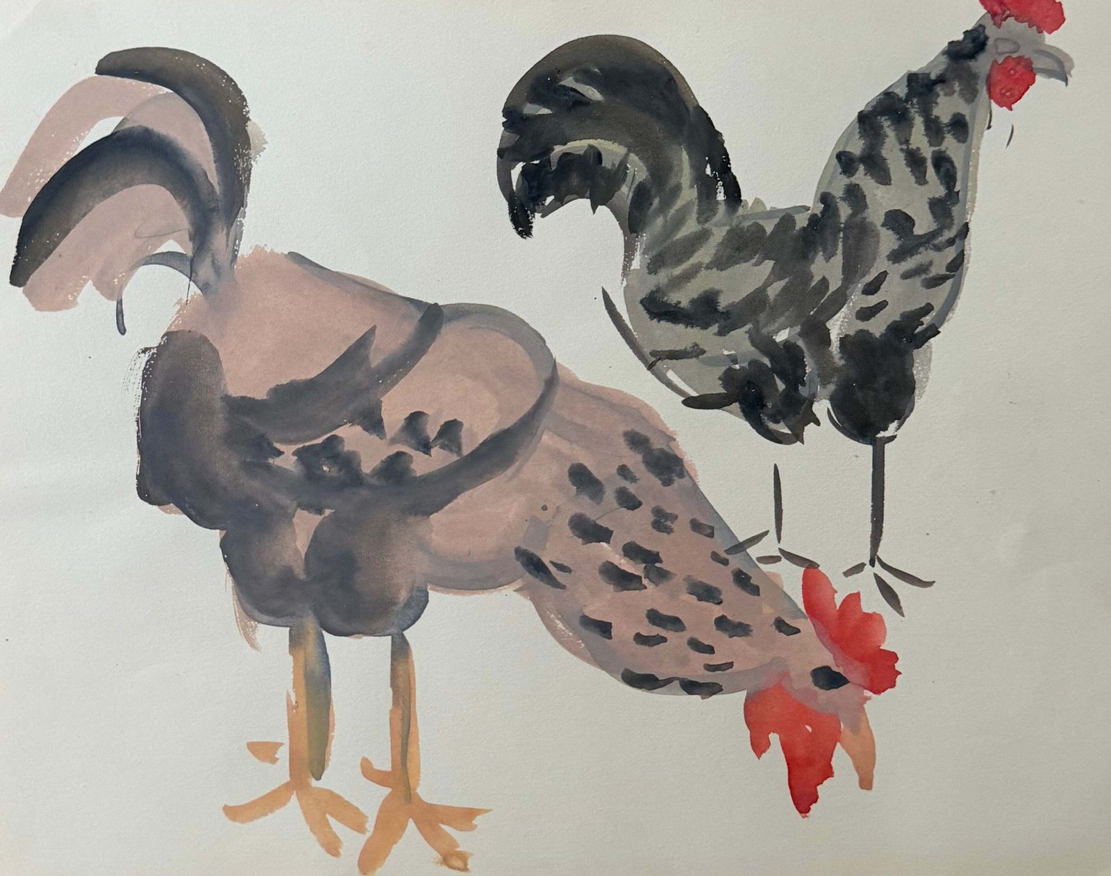 Deux coqs, étude animalière moderniste française à la gouache