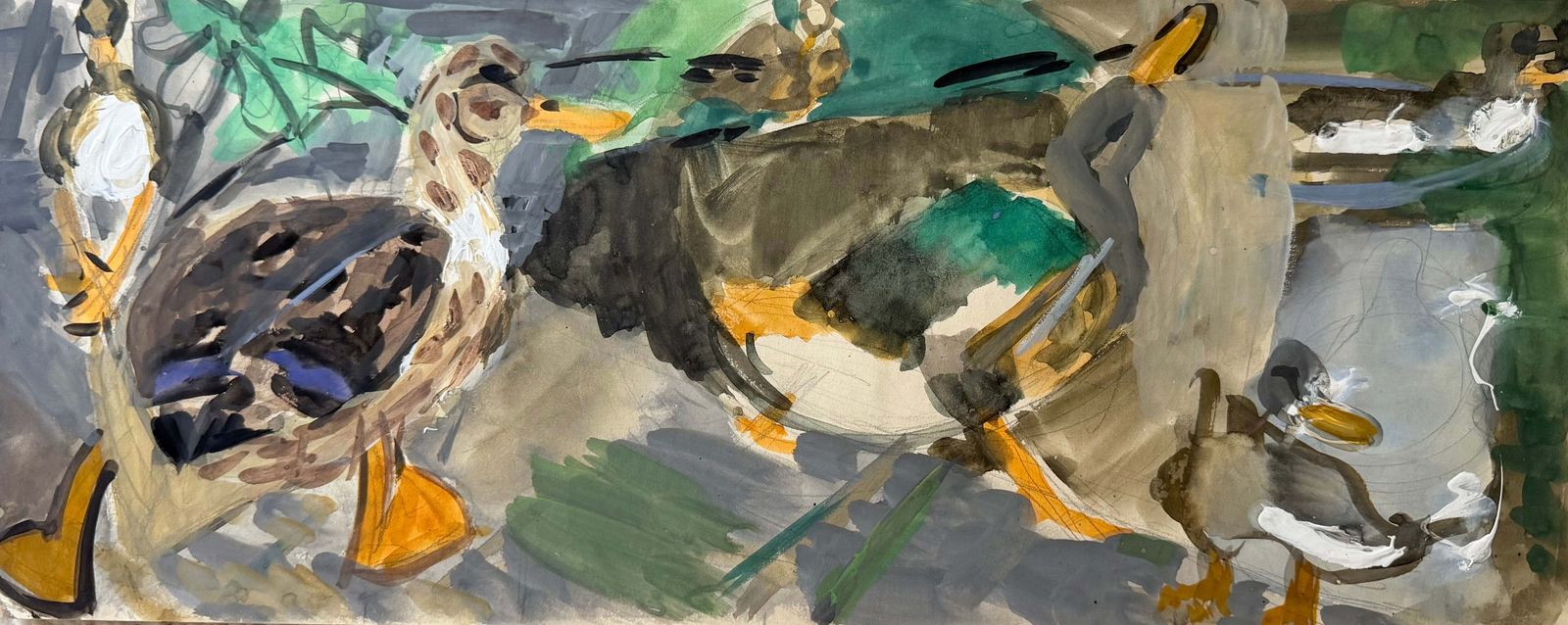 Canards colverts au bord de l'eau, étude animalière moderniste française à la gouache