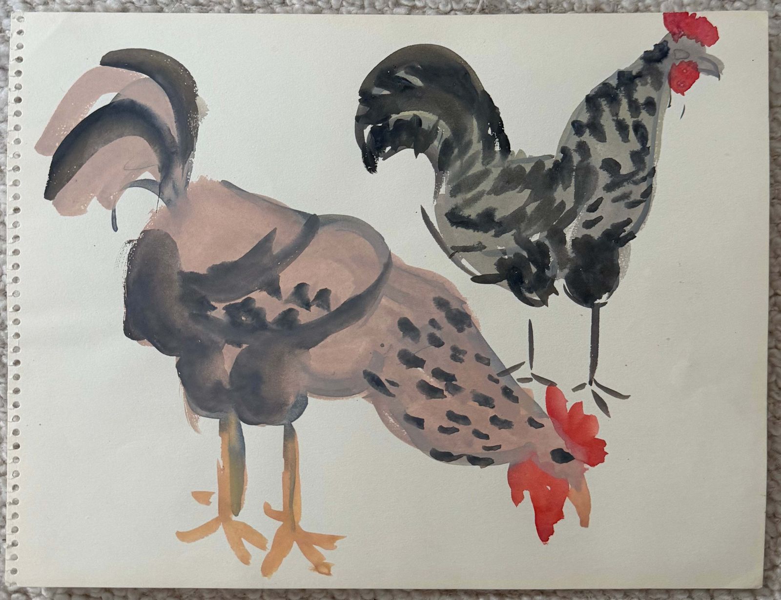 Deux coqs, étude animalière moderniste française à la gouache photo furniture