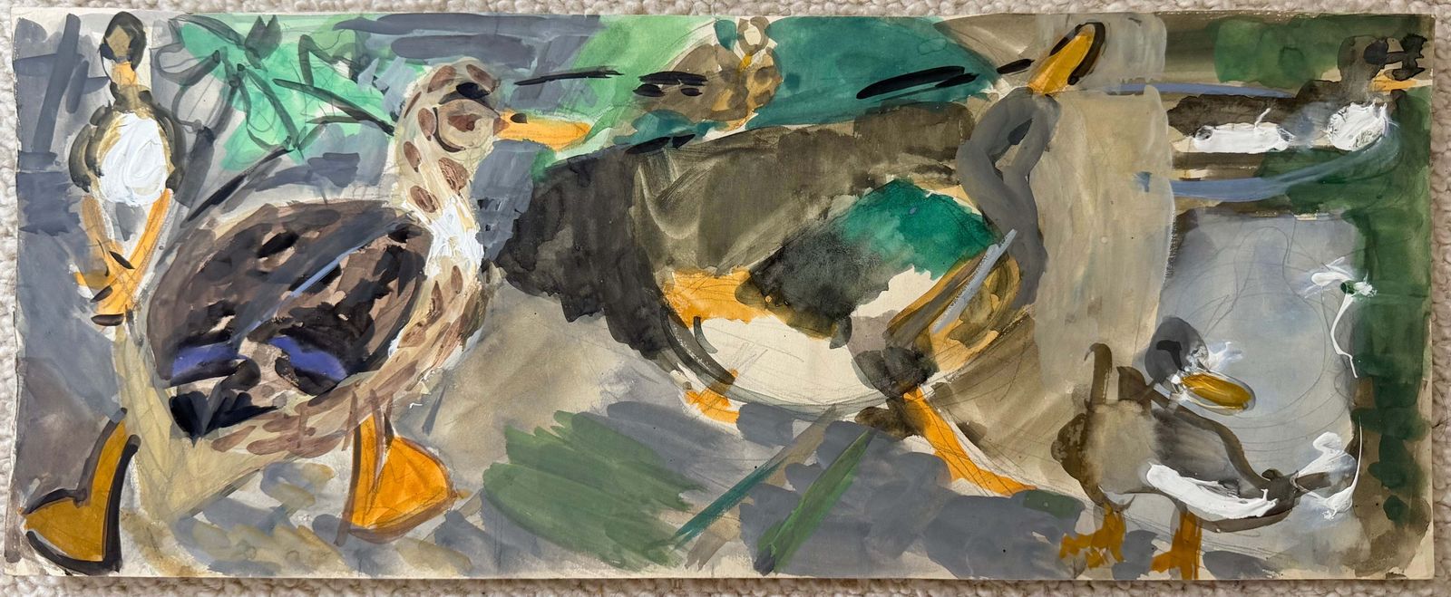 Canards colverts au bord de l'eau, étude animalière moderniste française à la gouache photo furniture