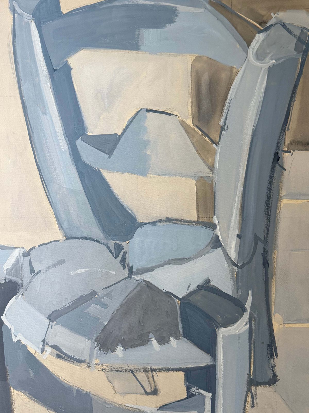 Blue Armchair French Modernist Cubist Interior 1950's Gouache Painting photo for sale