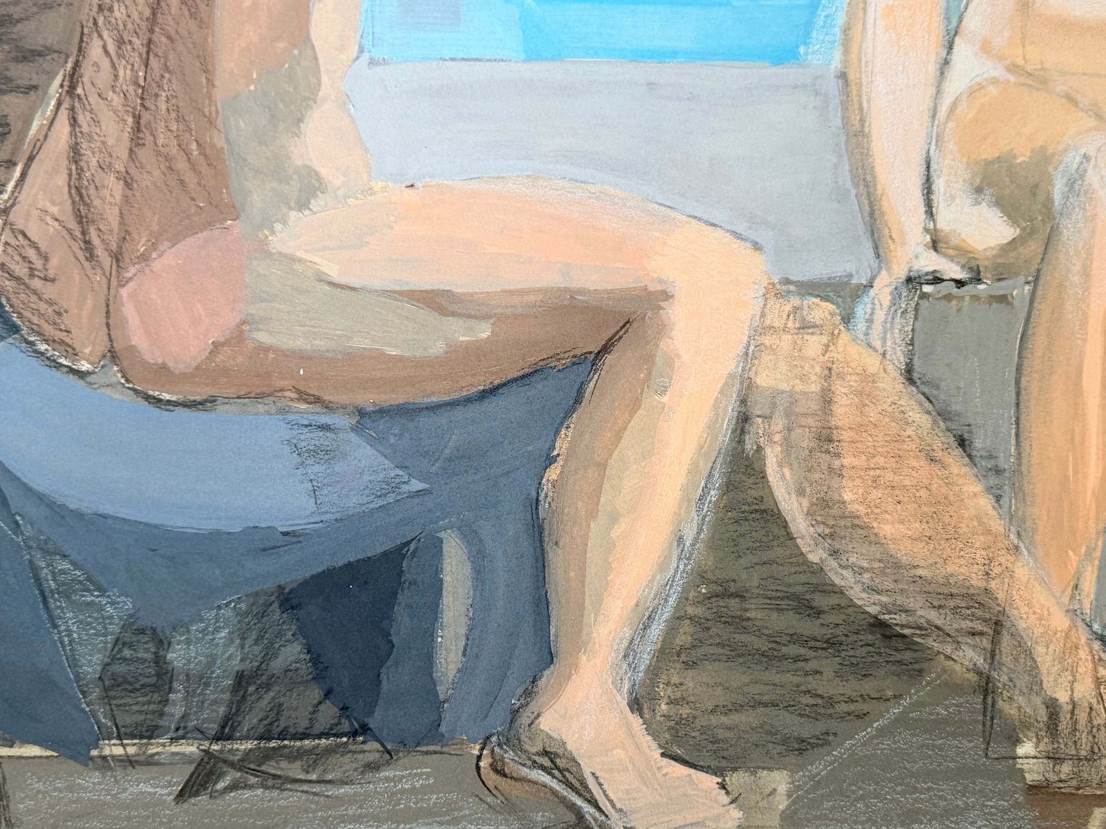 Two Female Nudes Gossiping French Modernist Figurative Gouache & Pencil Painting photo vintage