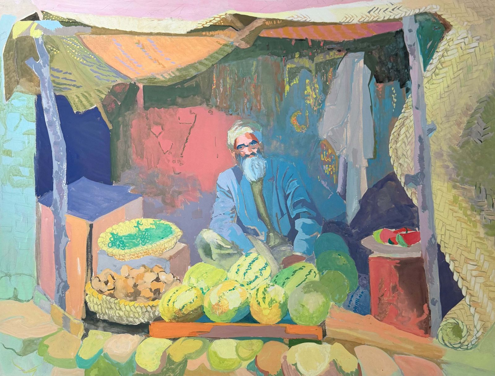 Vendeur de pastèques au marché marocain, gouache moderniste française, années 1950