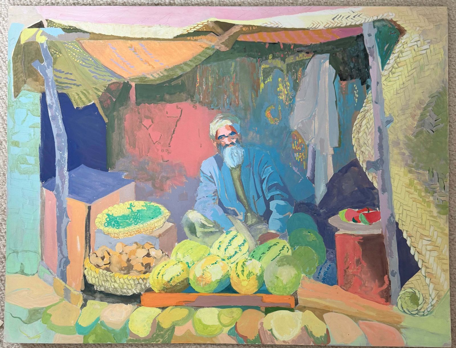 Vendeur de pastèques au marché marocain, gouache moderniste française, années 1950 photo furniture