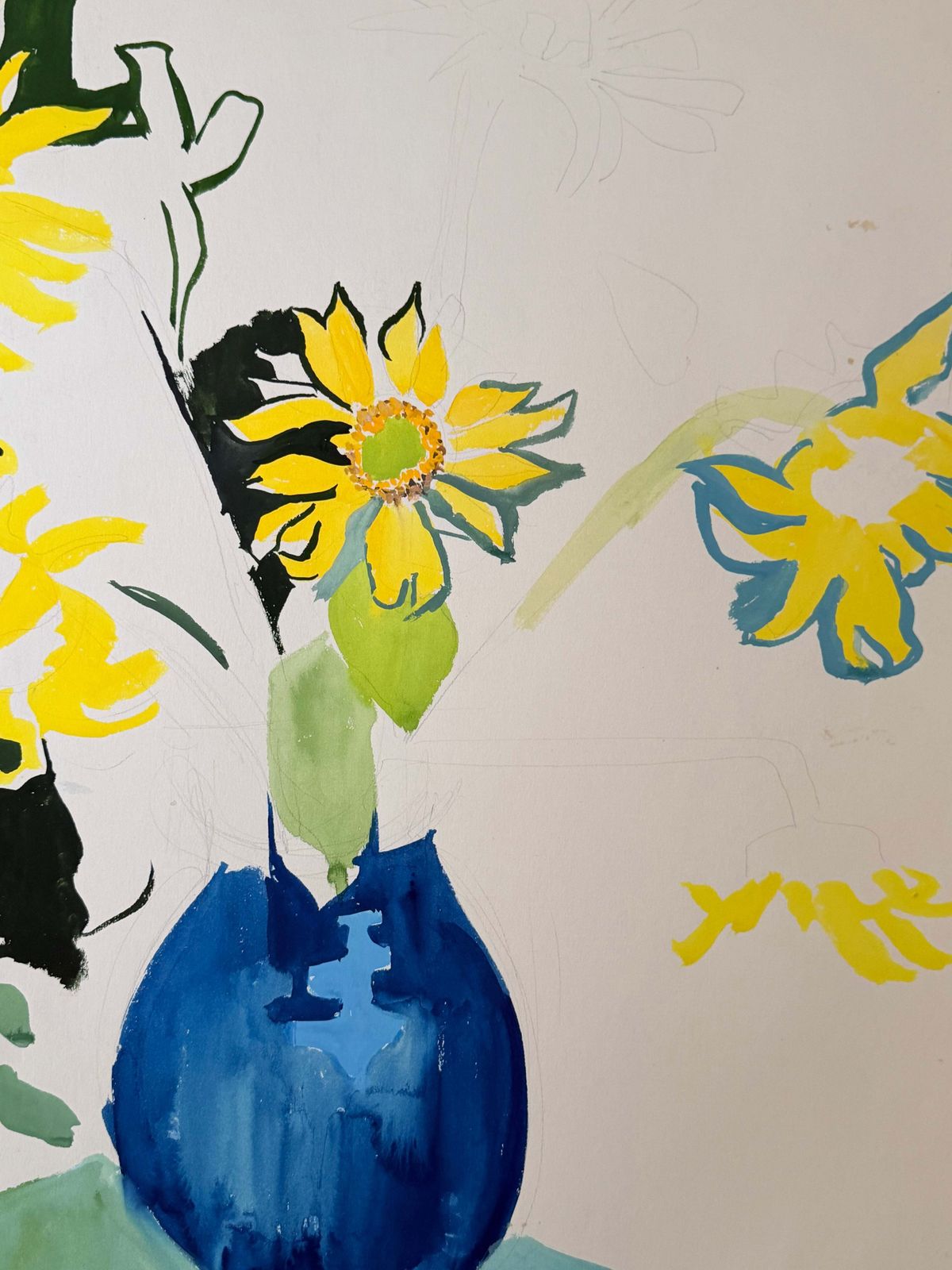 Tournesols dans un vase bleu, nature morte florale moderniste française, gouache photo Art