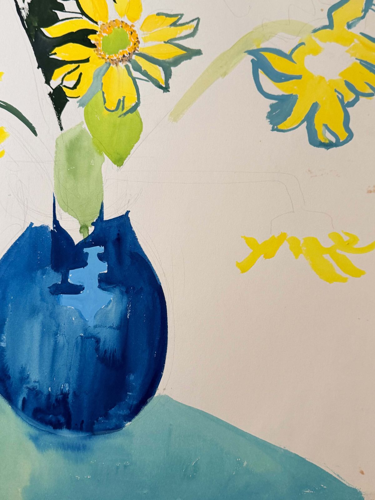 Sunflowers In A Blue Vase French Modernist Floral Still Life Gouache Painting photo vinterior