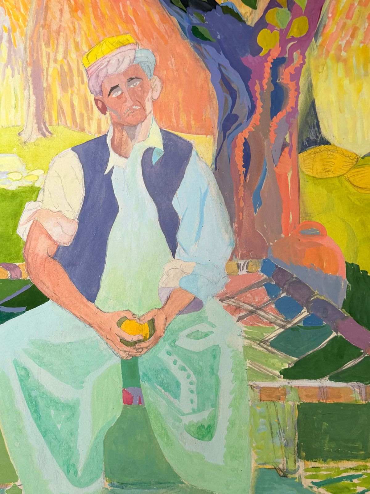Seated Moroccan Man In A Bright Colourful Garden French Modernist Gouache photo for sale