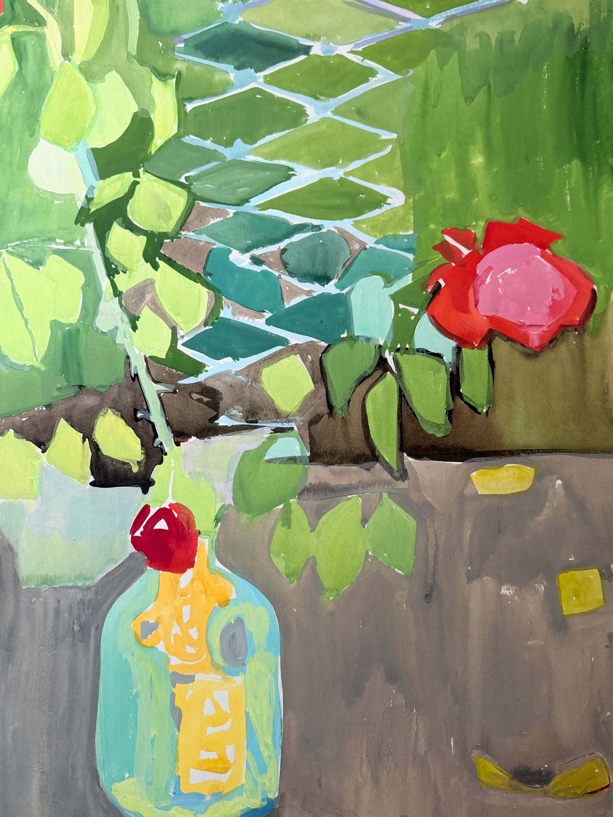 Roses rouges dans un vase dans un jardin lumineux, nature morte française à la gouache, années 1950 photo 535.0