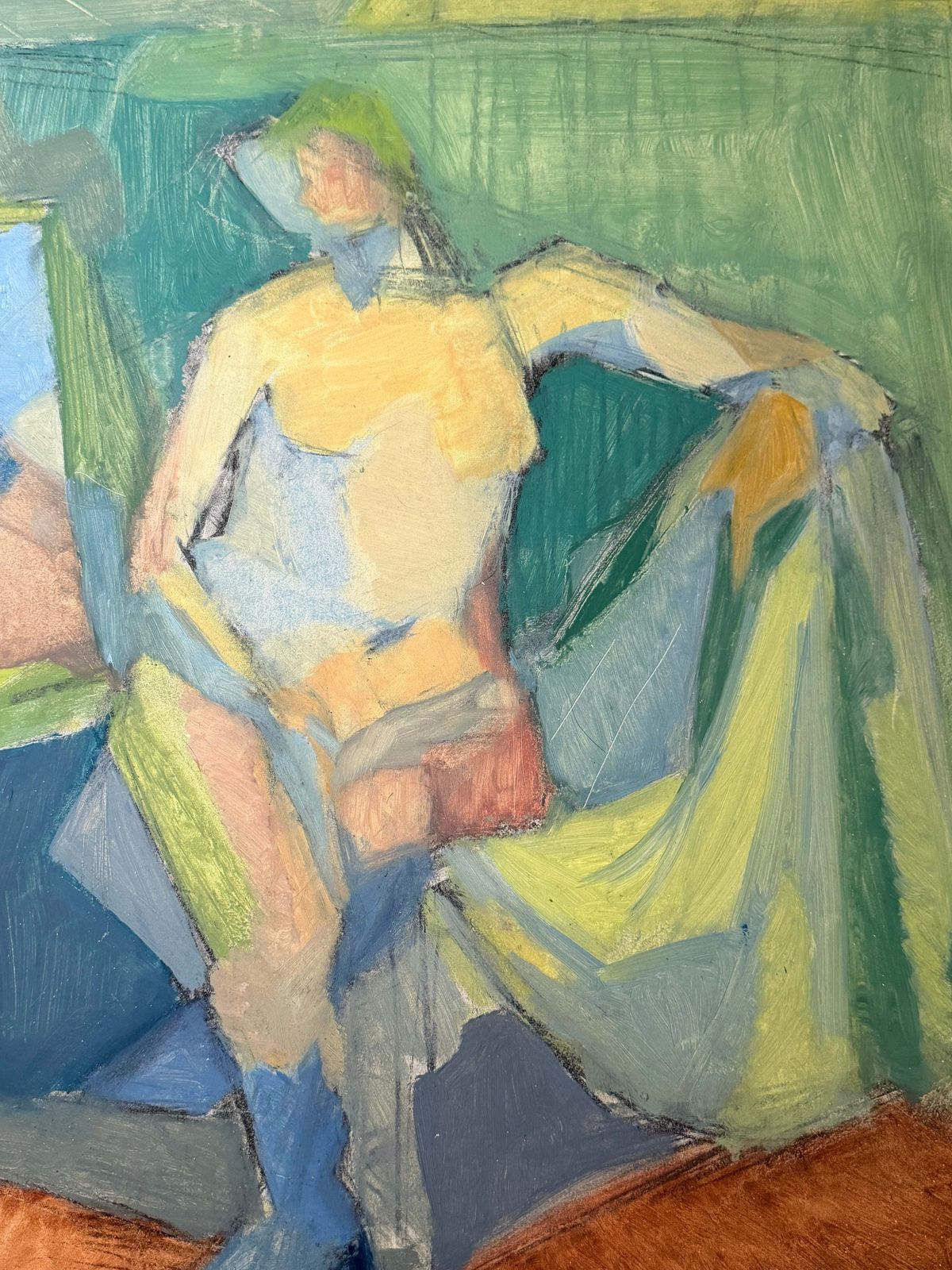 Nu féminin assis dans un intérieur lumineux, peinture moderniste cubiste française à l'huile photo for sale