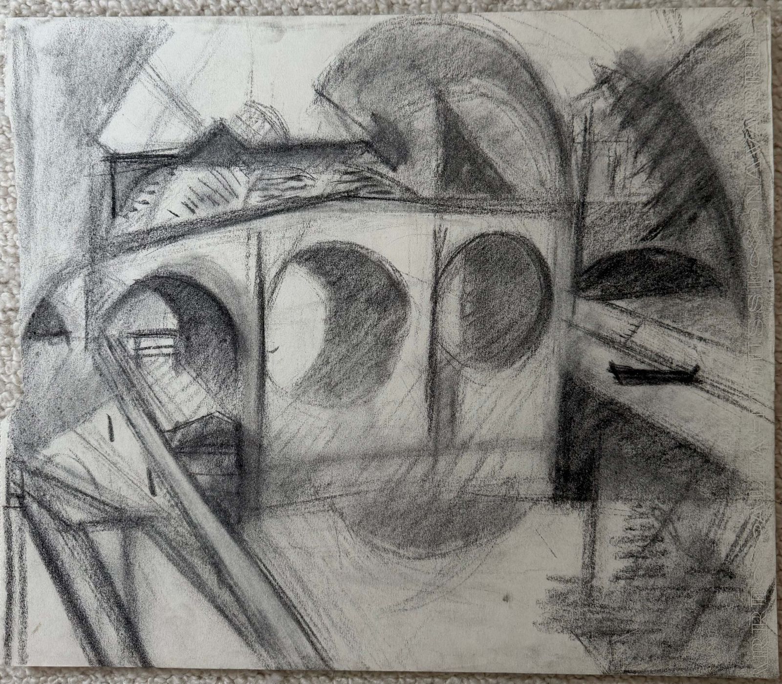 Pont en arc sur une rivière, dessin cubiste au crayon en noir et blanc, paysage français photo furniture