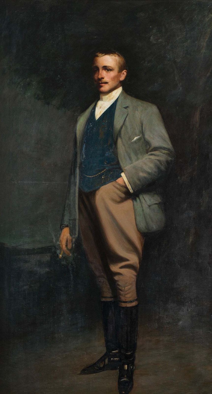 Grand portrait d'un gentleman en tenue d'équitation, peinture à l'huile britannique, années 1900 photo furniture