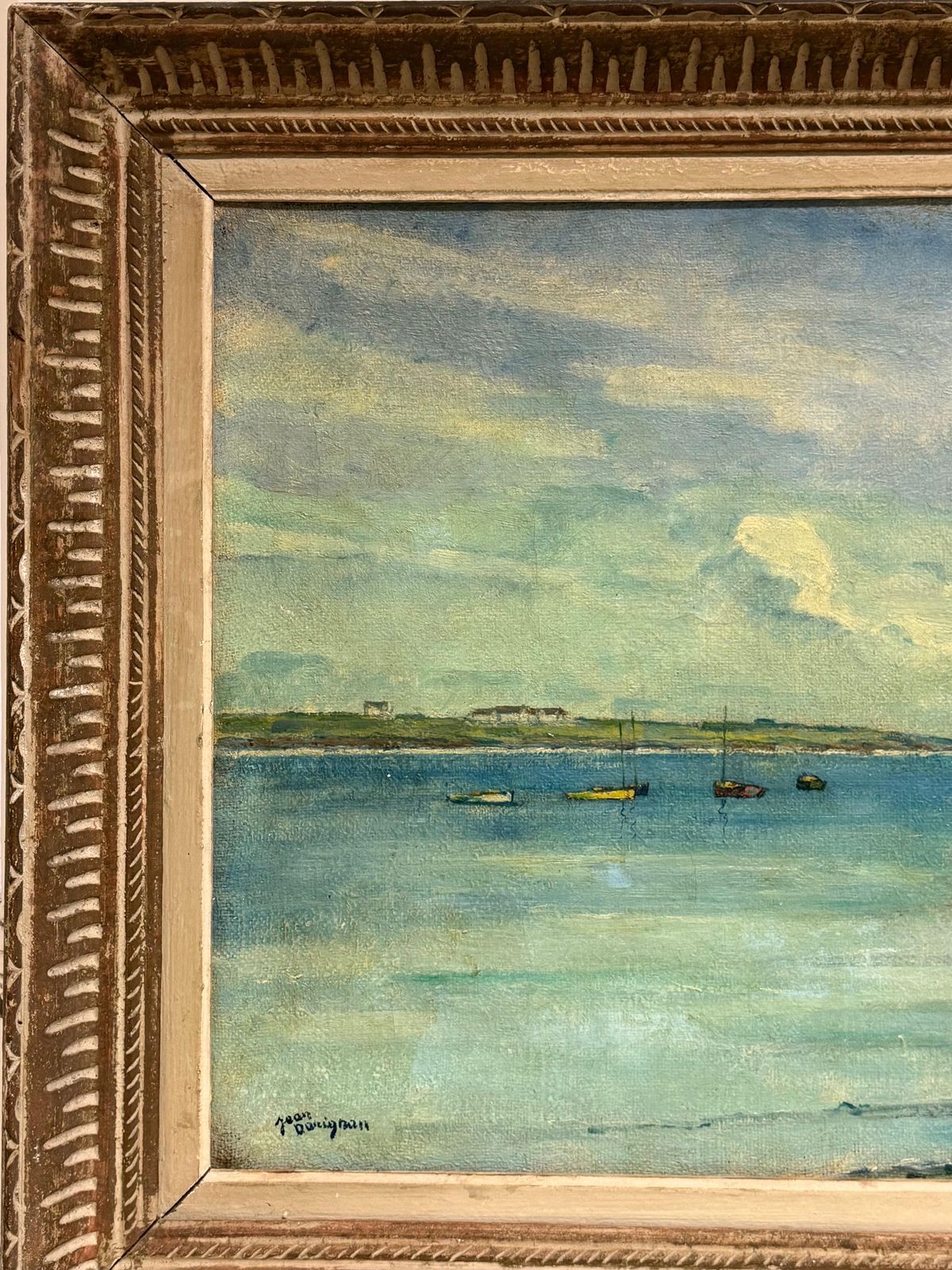 Bateaux dans un port avec personnages, paysage côtier français - peinture à l'huile photo 1530.0