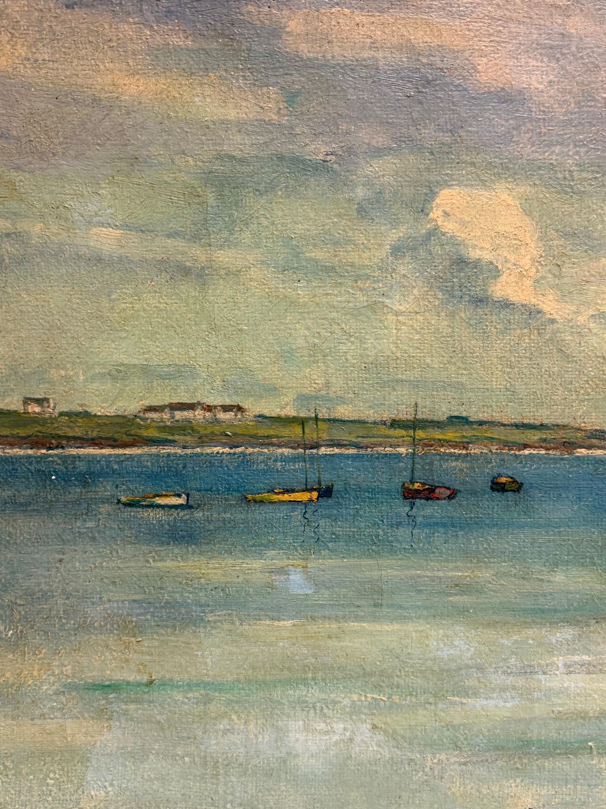 Bateaux dans un port avec personnages, paysage côtier français - peinture à l'huile photo buy