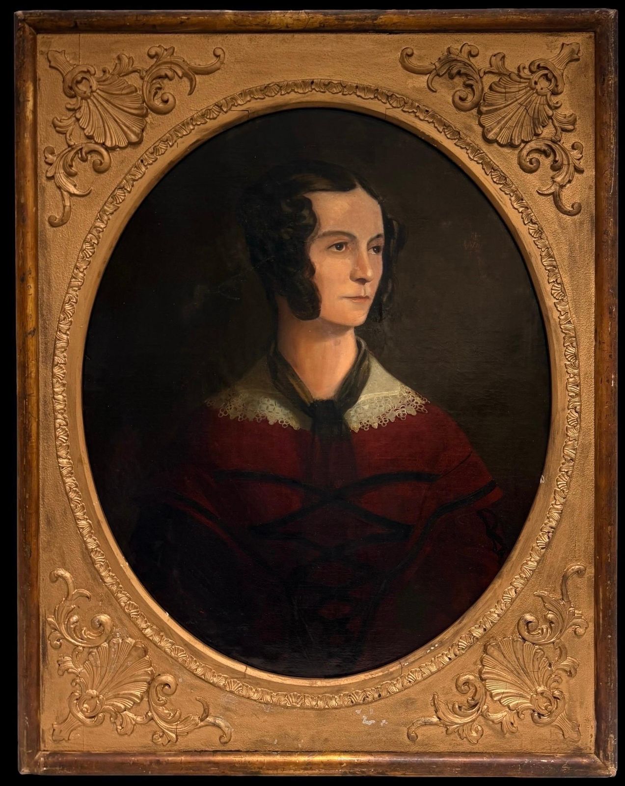 Fine Victorian Portrait Of Lady In Red Dress Antique British Oil Painting