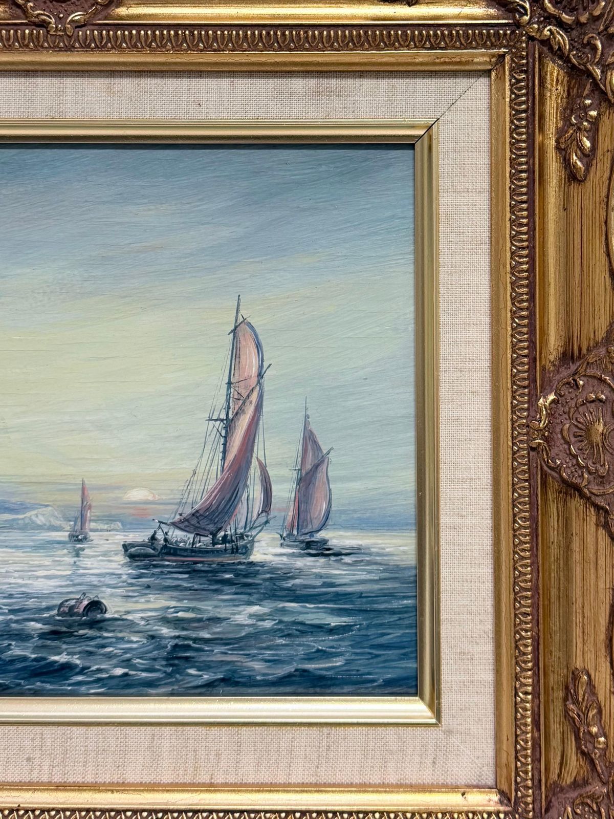 Bateaux de pêche au large de Douvres, peinture marine britannique encadrée, huile sur toile photo for sale