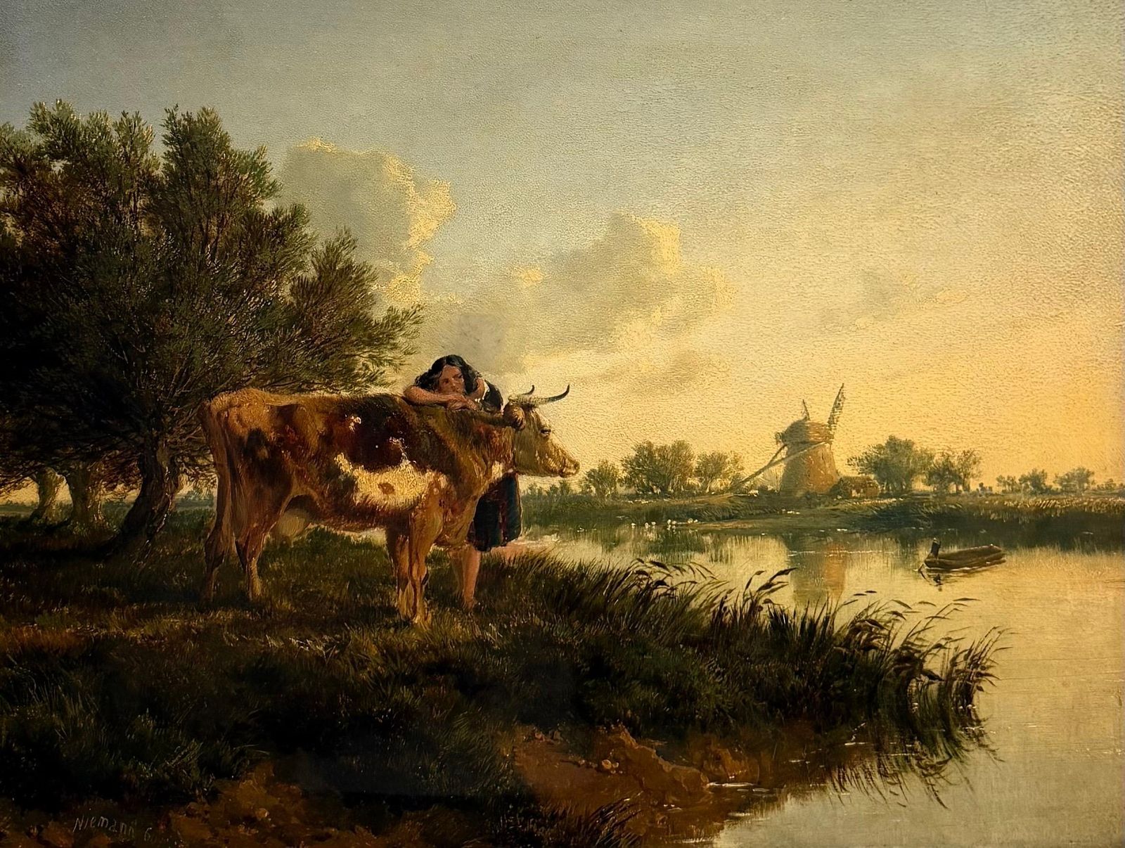 Paysage victorien britannique, bétail et jeune fille au bord d'un étang, coucher de soleil doré photo furniture