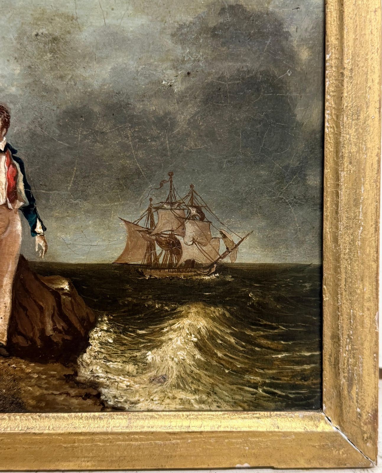 Lord Byron Standing On The Shore With Sailing Ship At Sea Antique Oil Painting photo for sale