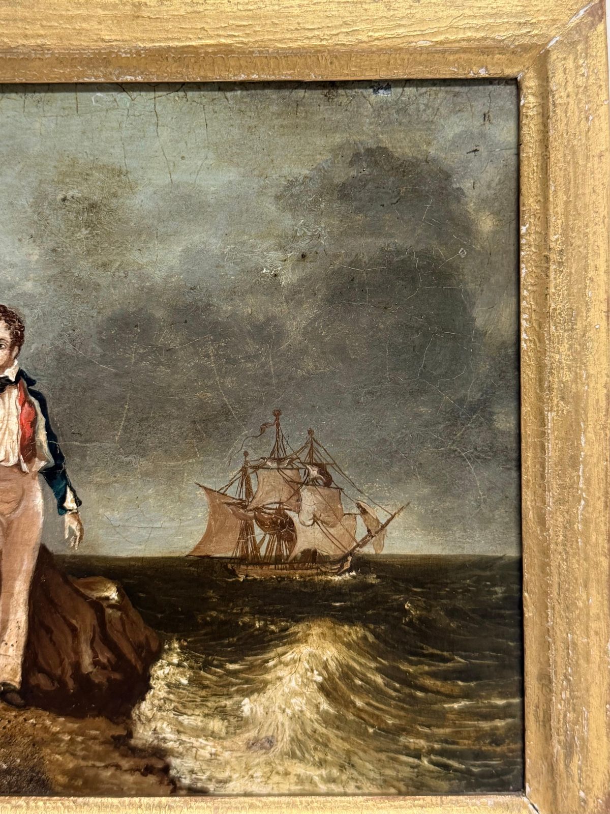 Lord Byron Standing On The Shore With Sailing Ship At Sea Antique Oil Painting photo Art