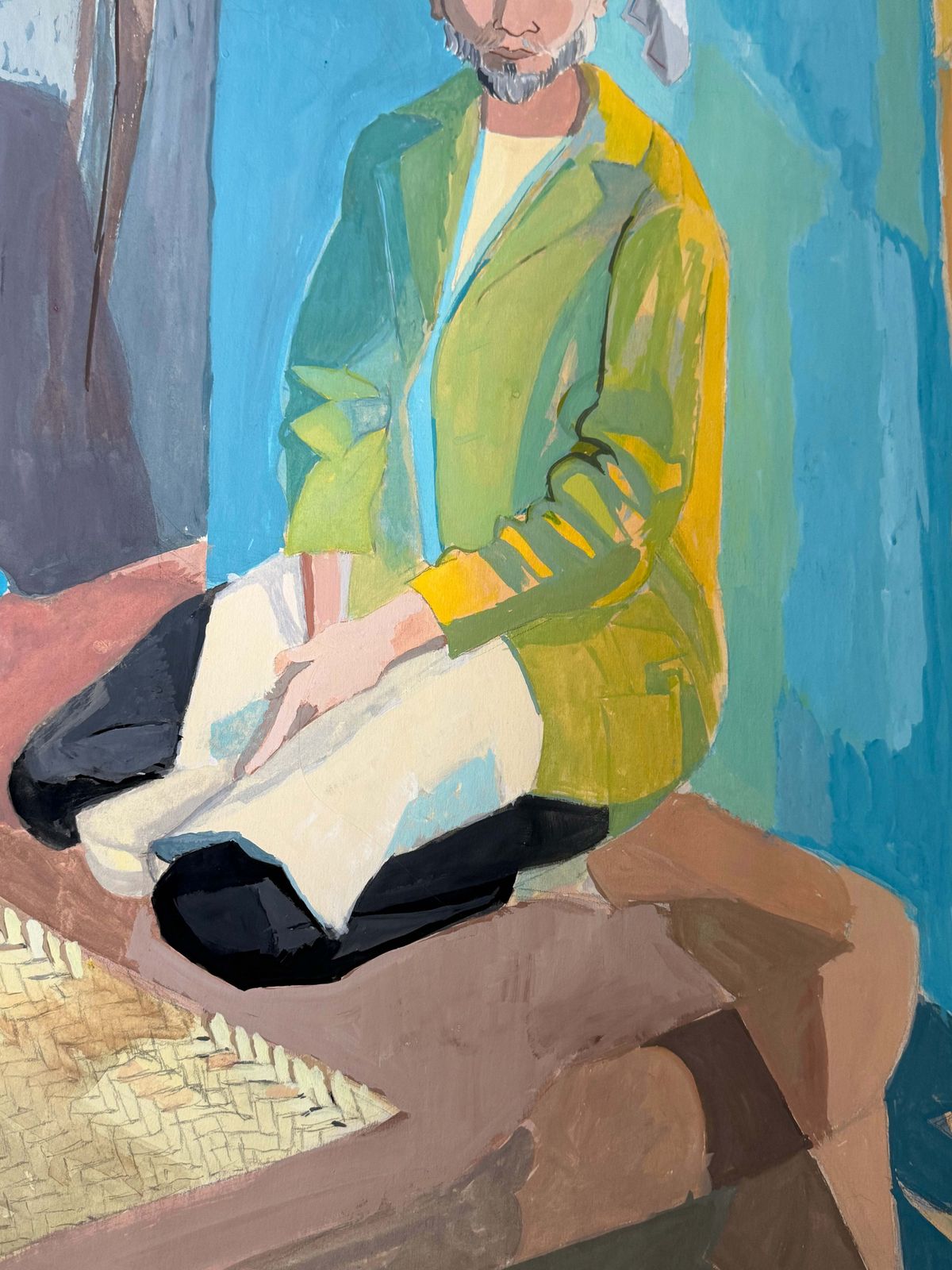 Homme marocain agenouillé, gouache figurative moderniste française mid-century photo Art