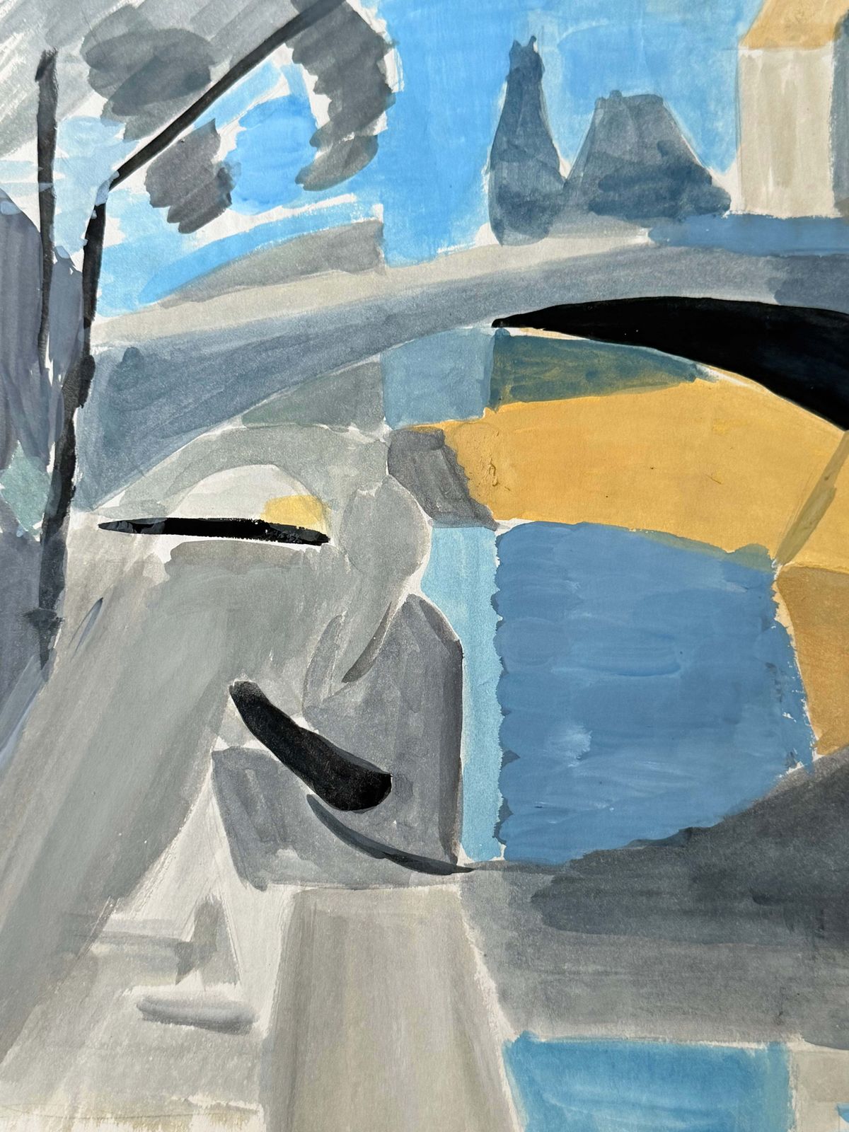 Paysage cubiste français, années 1950, gouache représentant une rivière, un pont et des bâtiments urbains photo Art