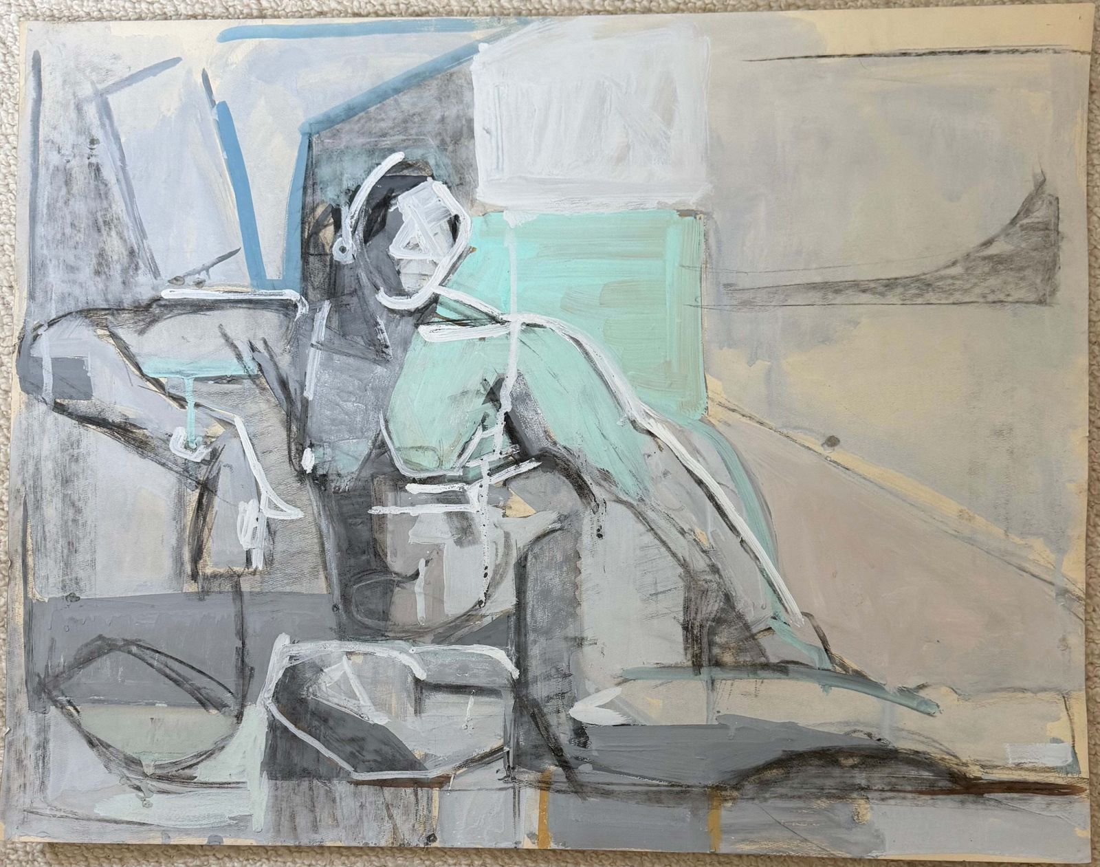 Turquoise Cubist Seated Female Figure French Modernist Gouache Painting photo furniture
