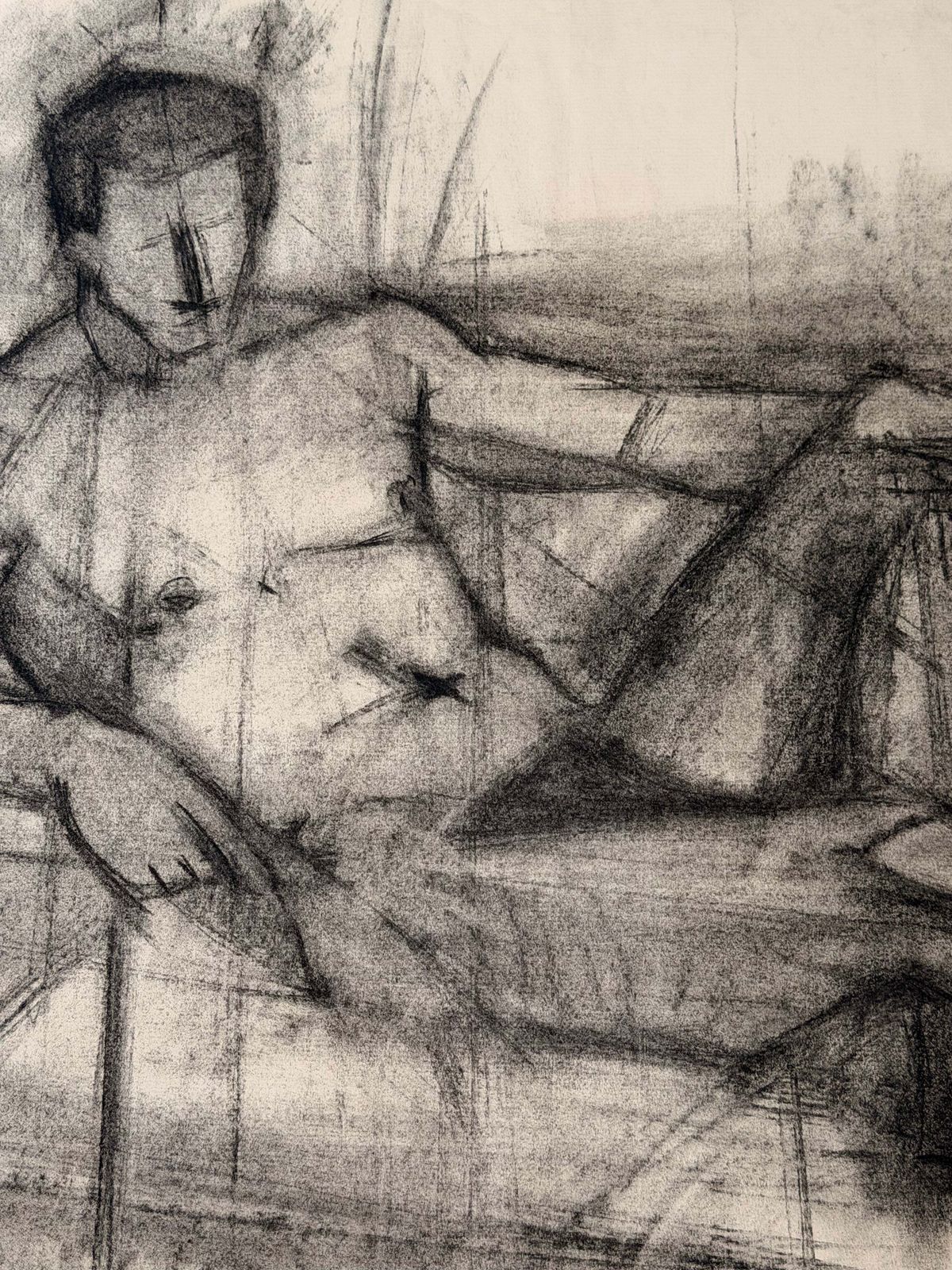 Étude de nu masculin allongé, dessin au fusain moderniste français, XXe siècle photo for sale
