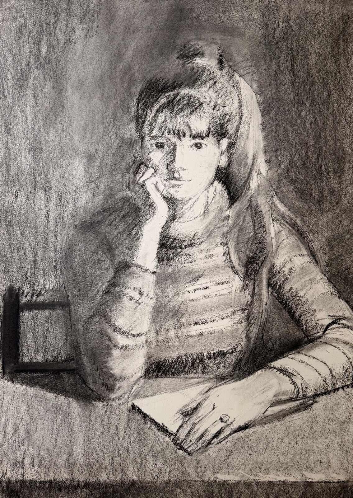 Femme assise, la tête appuyée sur la main, dessin moderniste français