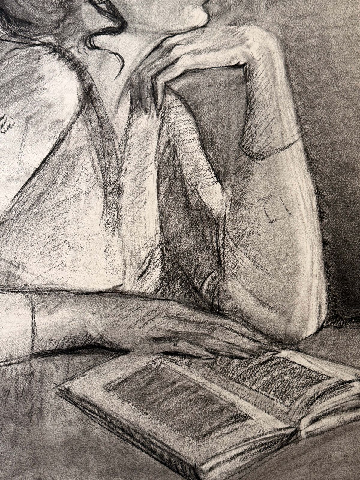 Elegant Woman Reading At A Table French Modernist Charcoal Portrait Drawing photo Art