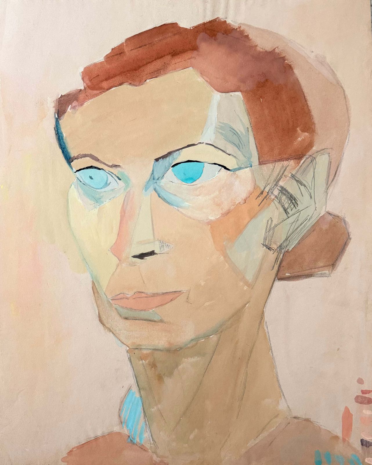 Portrait cubiste d'une femme aux yeux bleus, gouache moderniste française