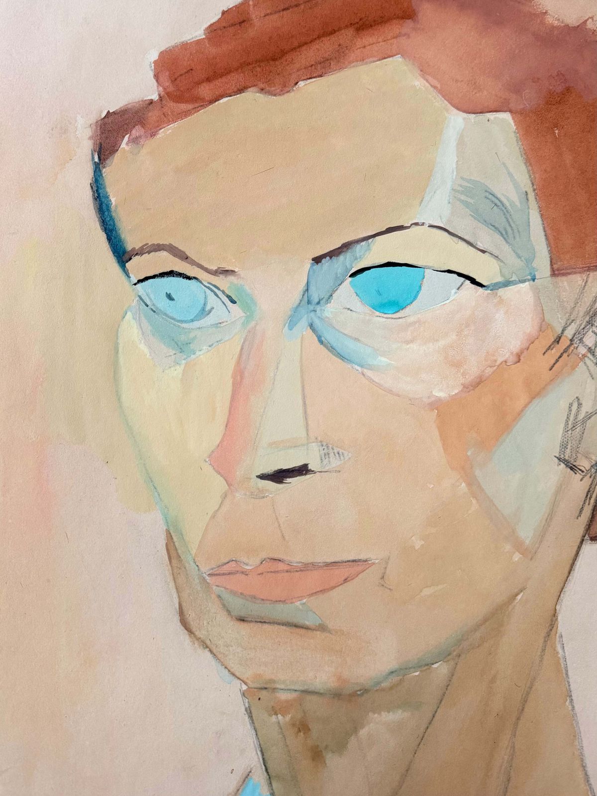 Portrait cubiste d'une femme aux yeux bleus, gouache moderniste française photo 561.0