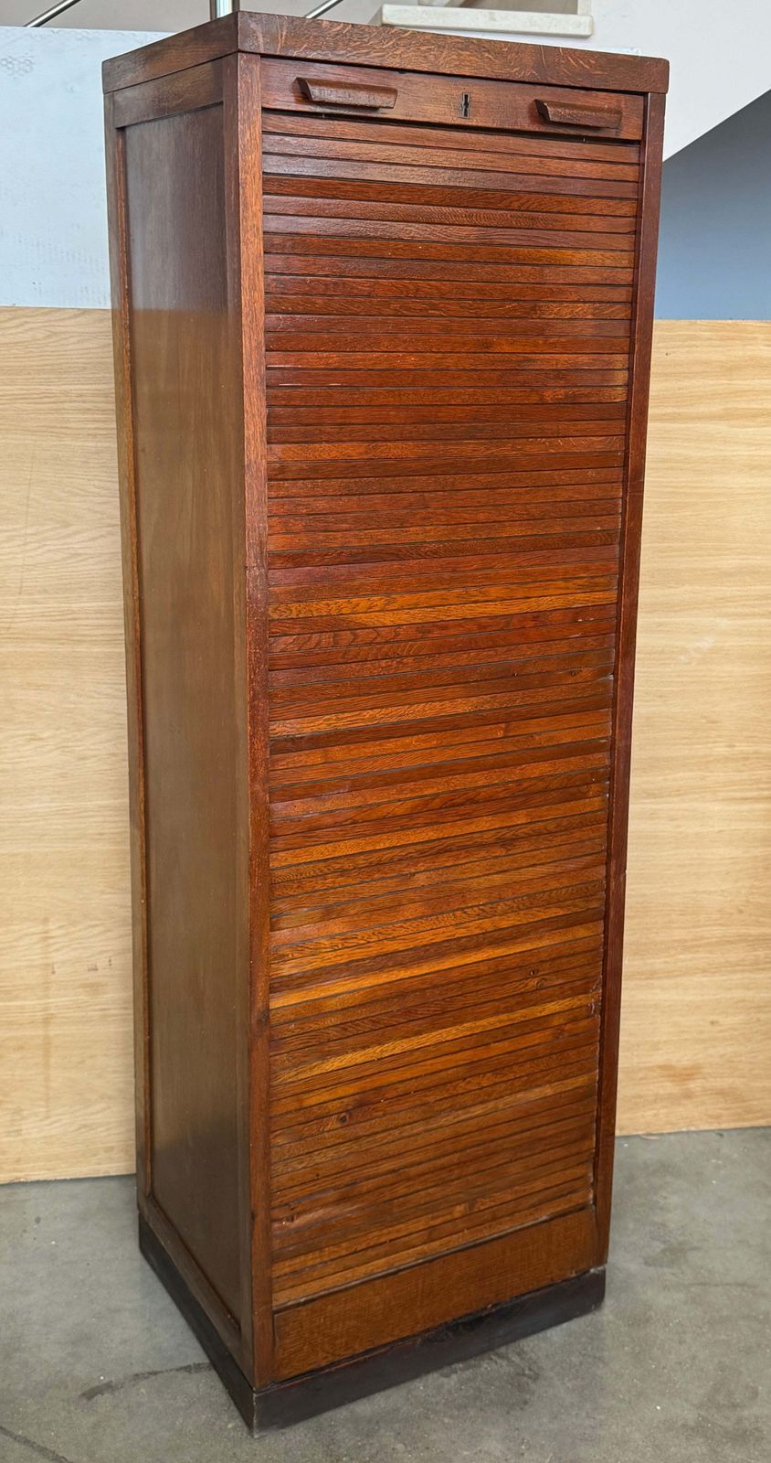 Antique Wooden Tambour Roll Front Filing Cabinet With Pull Out Document Trays photo for sale