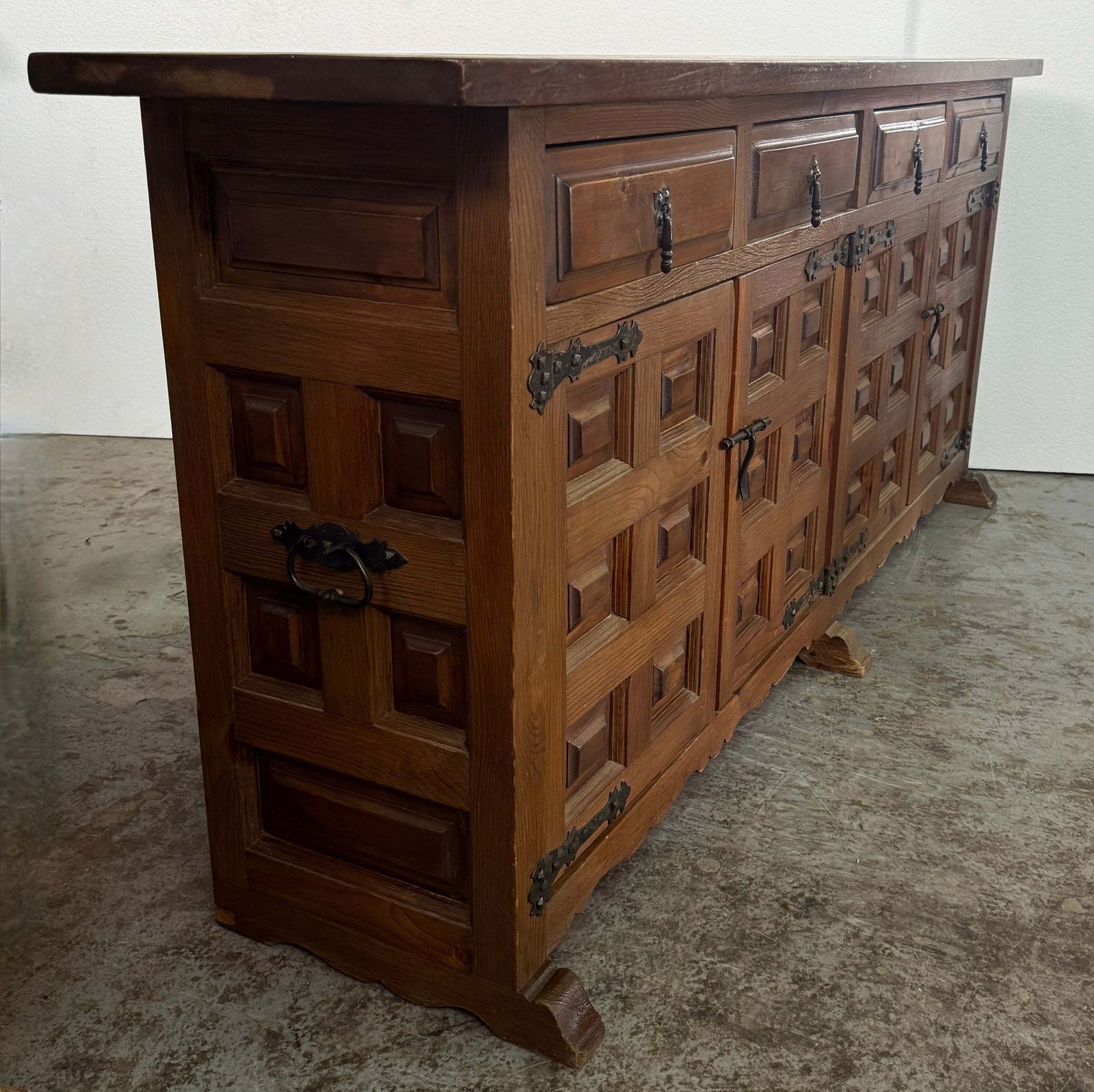 Spanish Rustic Carved Wood Sideboard Or Cabinet With Side Handles photo for sale