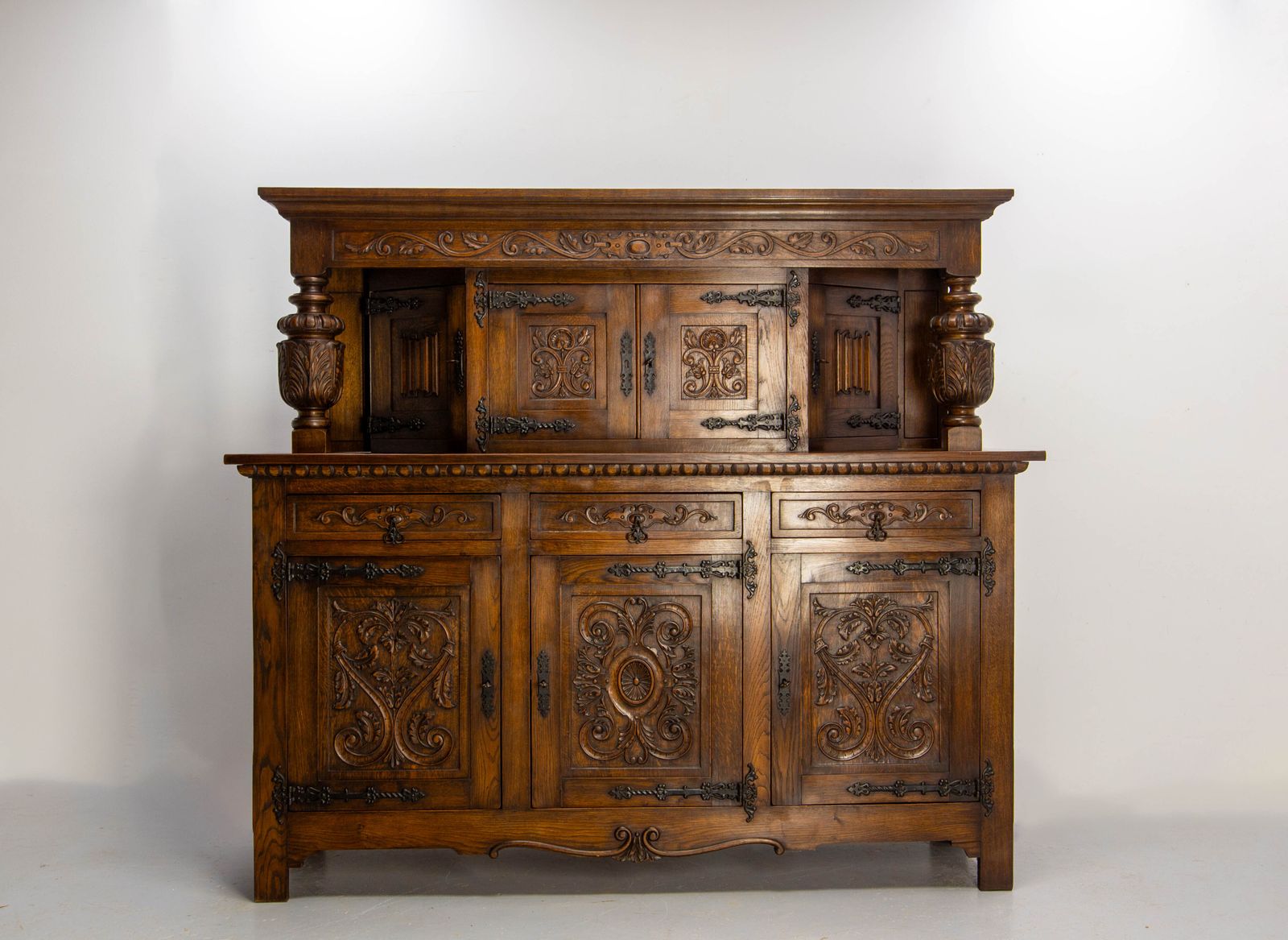 Spanish Huge Oak & Wrought Iron Buffet Carved Sideboard Circa 1960 photo for sale