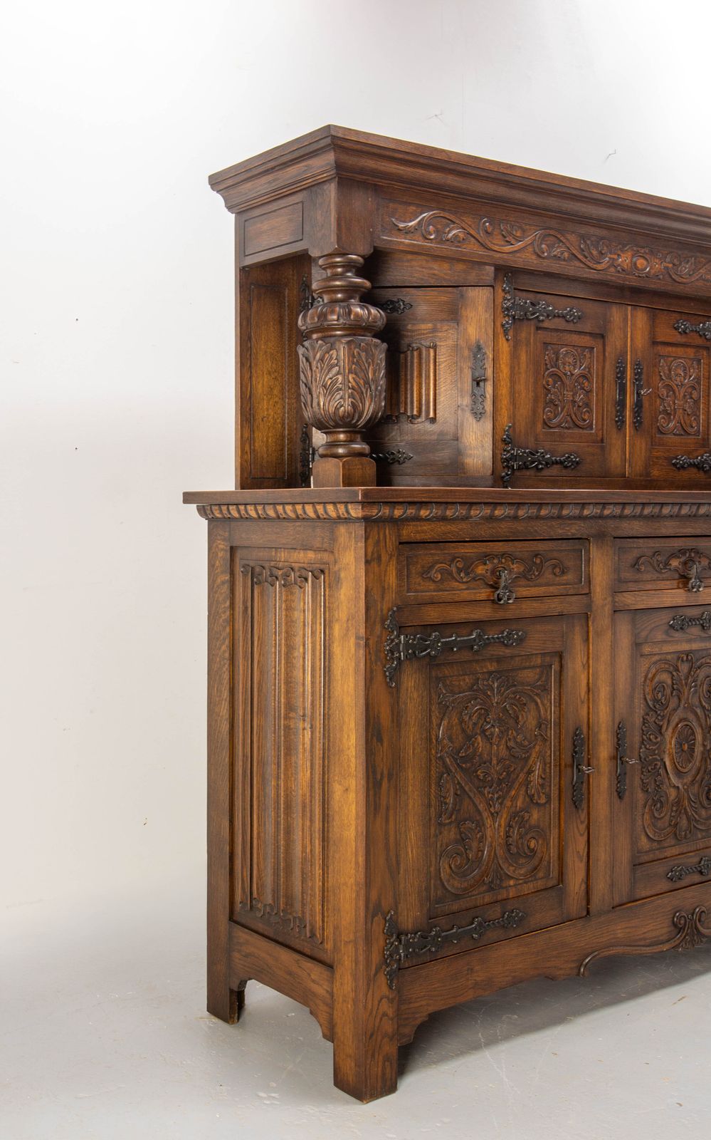 Spanish Huge Oak & Wrought Iron Buffet Carved Sideboard Circa 1960 photo Furniture