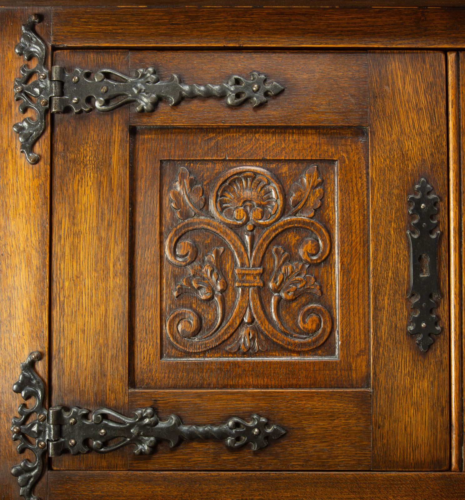 Spanish Huge Oak & Wrought Iron Buffet Carved Sideboard Circa 1960 photo 3051.0