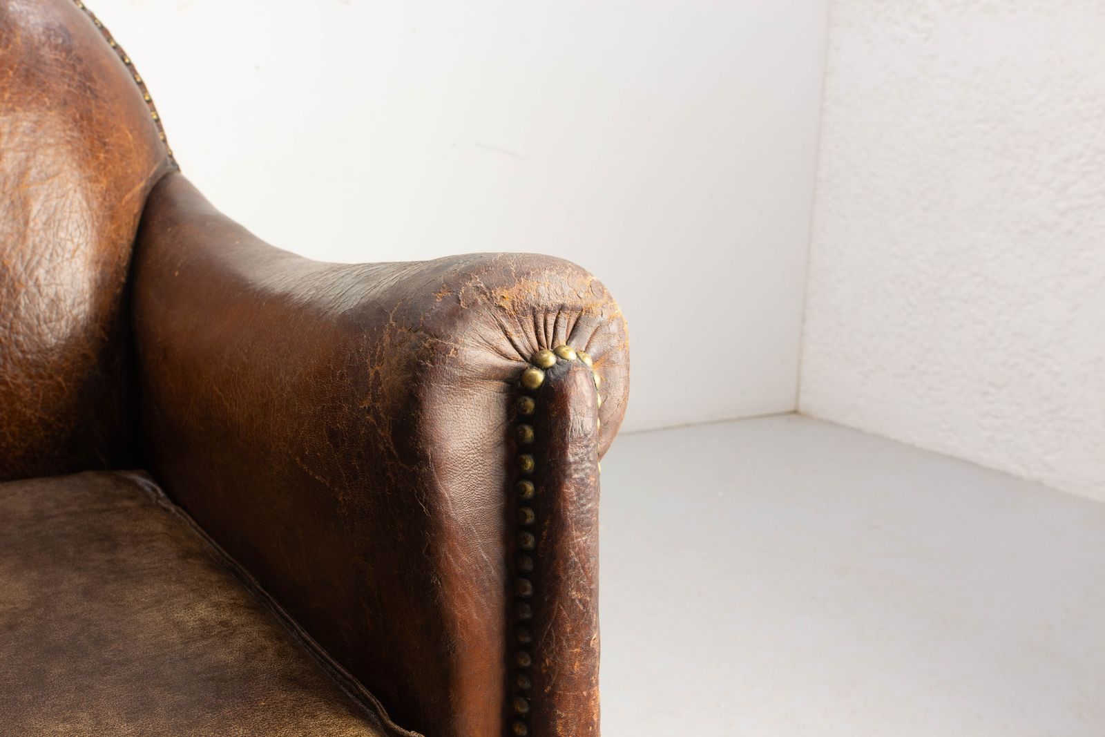 photo furniture Art Deco Antique Club Armchair Fauteuil Leather Skai & Studs French, Circa 1920