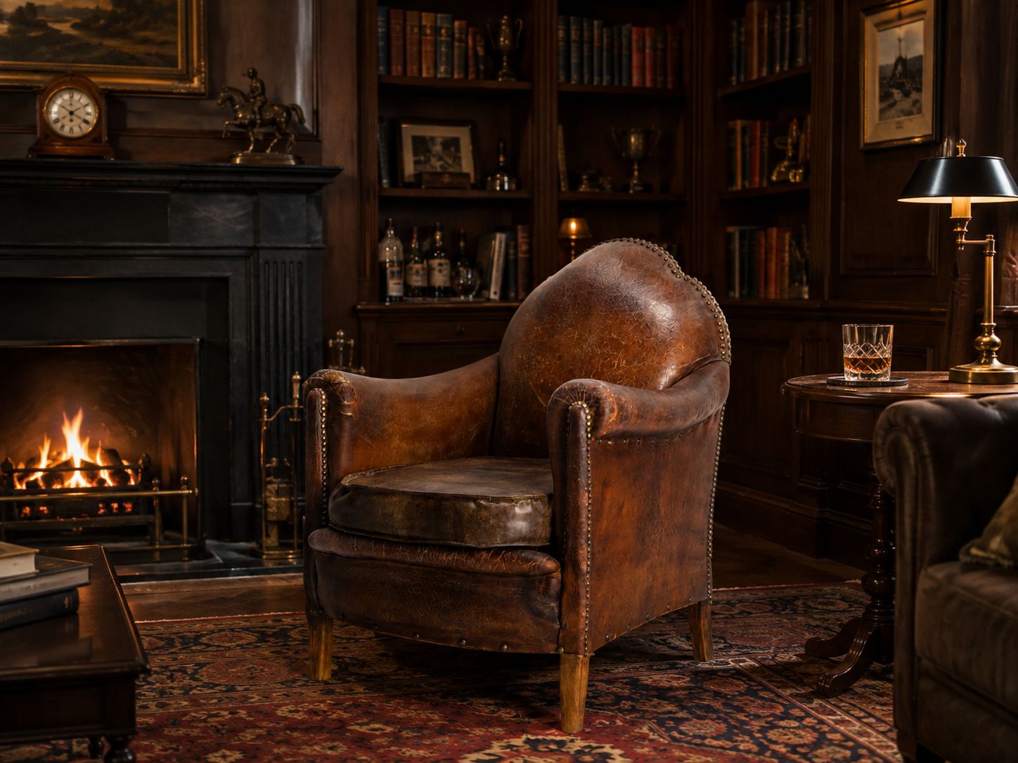 photo vinterior Fauteuil club Art déco d'époque en cuir et skaï à clous, français, vers 1920