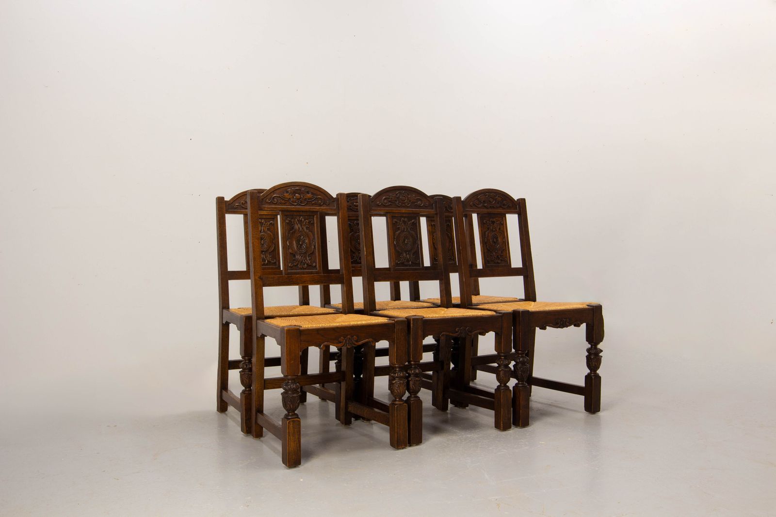 Six Spanish Oak Dining Chairs Rush Seats, Circa 1950 photo furniture