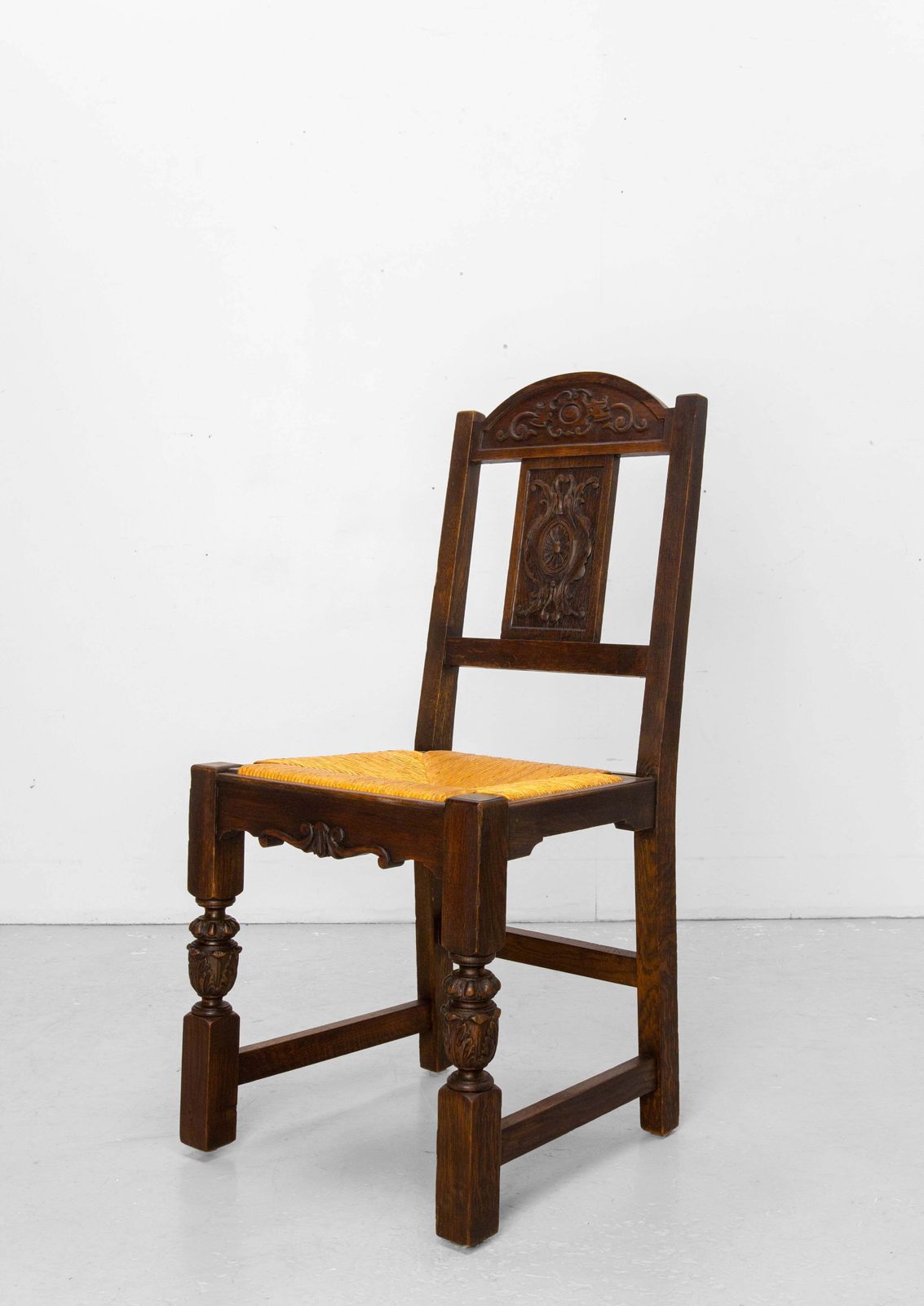 Six Spanish Oak Dining Chairs Rush Seats, Circa 1950 photo 1840.0
