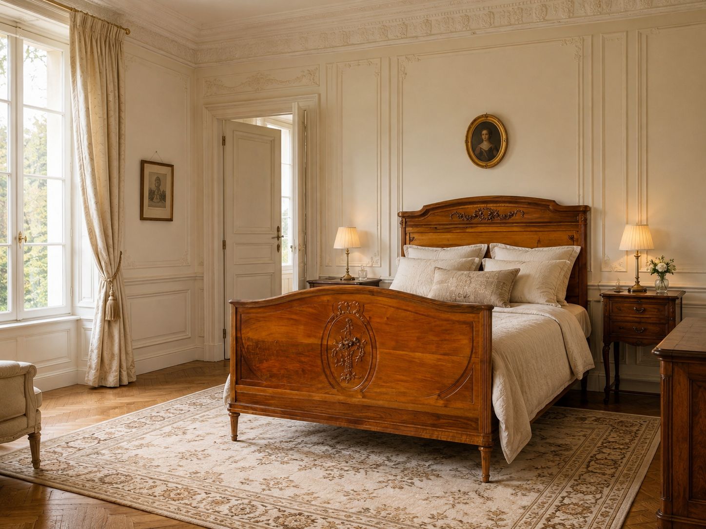 Meubels Frans gesneden walnoothouten bed, vol formaat of tweepersoonsbed, Louis XVI-stijl, ca. 1900 photo
