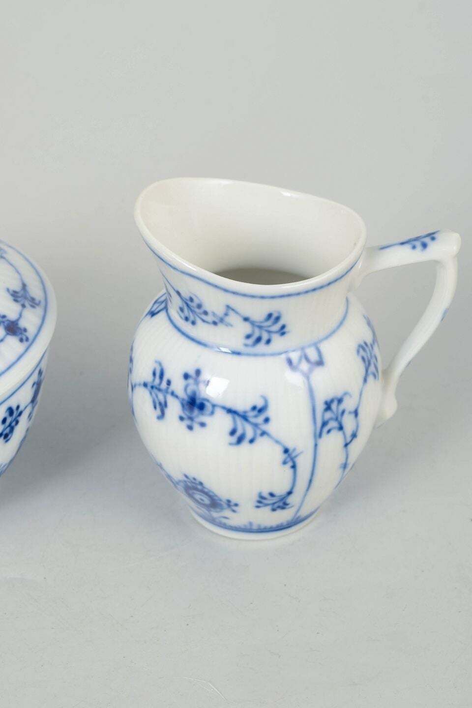 Royal Copenhagen, Blue Fluted Plain. Set Of Porcelain Sugar Bowl And Creamer. photo for sale
