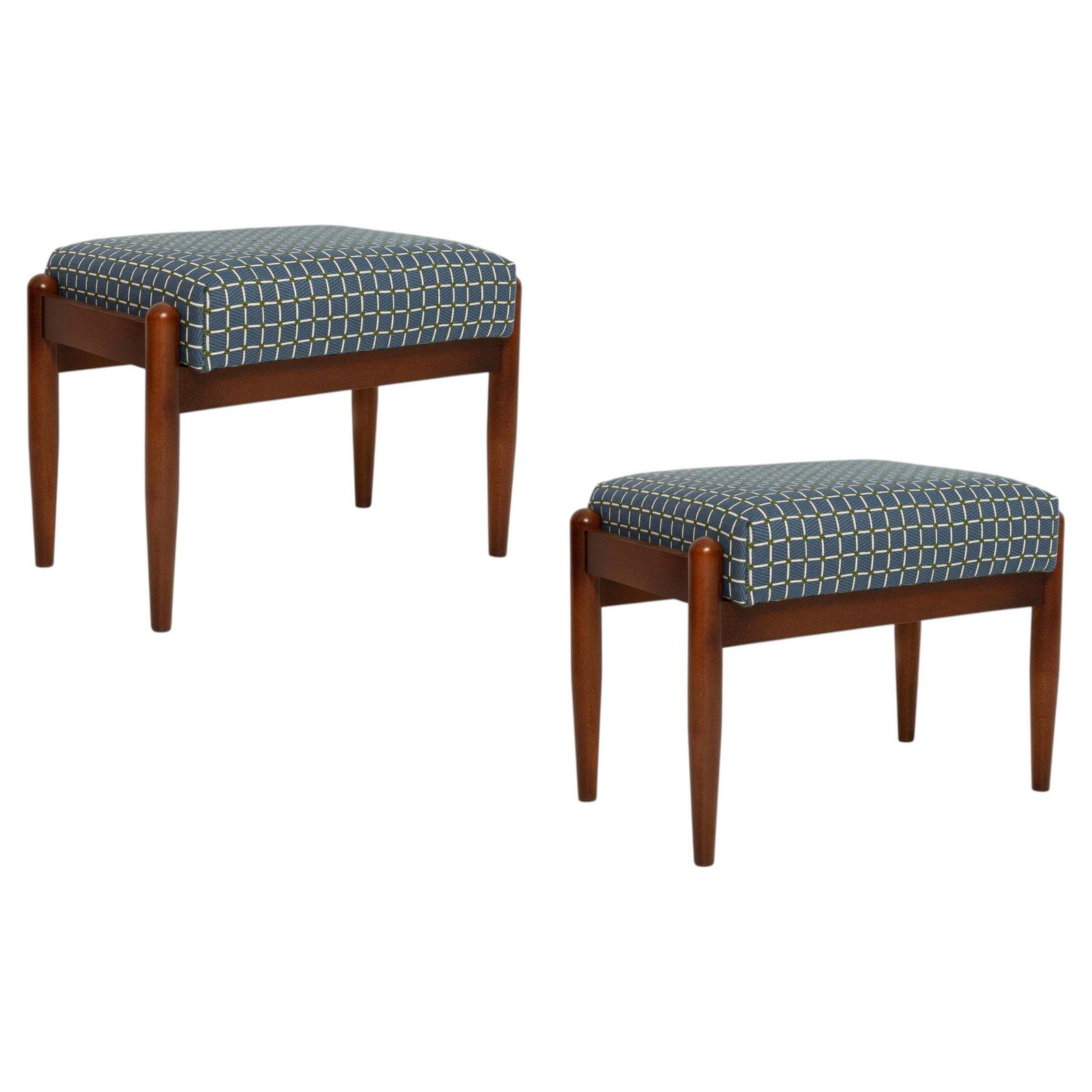 Pair Of Mid Century Gfm Stools In Blue Jacquard, E. Homa, Europe, 1960s