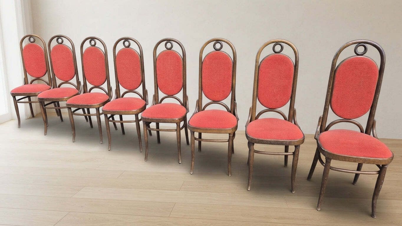 Set van 8 vintage gebogen houten eetkamerstoelen met hoge rugleuningen, Thonet, jaren 1970, 45 × 40 × 115 cm photo 2515.0